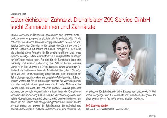 Österreichischer Zahnarztdienstleister Z99 Service GmbH sucht Zahnärztinnen und Zahnärzte Anzeige